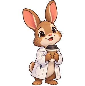 Furfur, the Calaveras Labs rabbit, in a lab coat holding a coffee